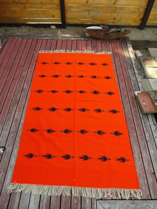 Vtg.  Large Mexican Folk Art Zapotec Wool Rug Orange Black Birds - 49 " X 86 "
