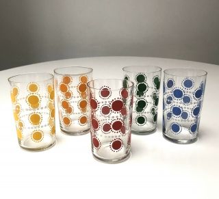 Vintage Retro Glass Tumblers 1970’s Set Of 5 Enamelled Pattern