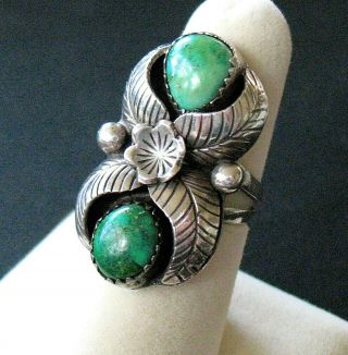 Vtg.  Navajo Sterling Silver Turquoise Ring W/ Feathers & Flower By James Bahe