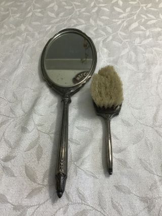 Vintage Sterling Silver Vanity Mirror & Brush