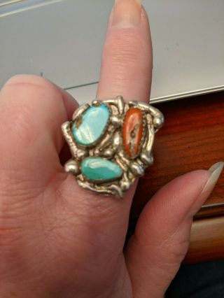 South Western Kingman Sterling Silver Turquoise & Coral Vintage Ring Size 8