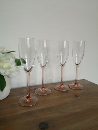 Vintage French Luminarc Pink,  Rose Stemmed Champagn Prosecco Flutes Glasses X 4