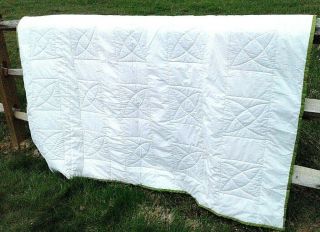 Vintage Retro Green and White Floral Quilt 81 x 96 Mid Century Mod 3