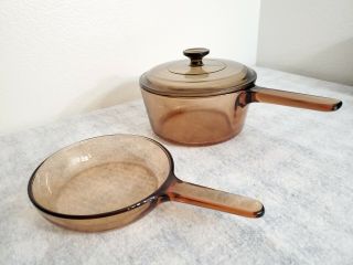 Vtg Corning Pyrex Vision Ware Amber Glass Cookware 7 " Skillet 2.  5 Qt Sauce Pot
