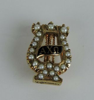 Vintage 10k Alpha Chi Omega Pearl Lyre Shape Pin With Black Enamel
