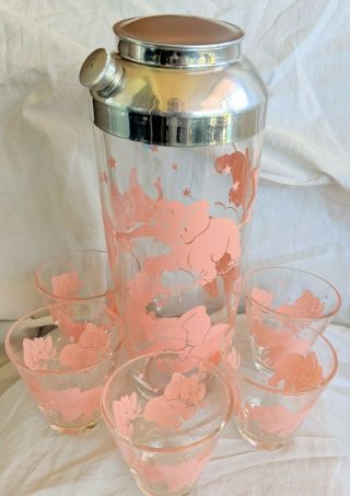 Vtg Hazel Atlas Pink Elephants Cocktail Drink Mixer Shaker With 5 Glasses