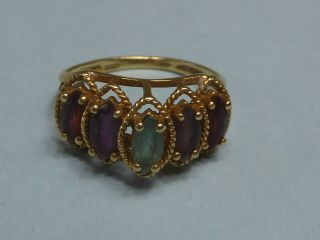 Vintage 14k Gold Ring,  Blue Topaz,  2 Garnets,  2 Amethyst (4x2mm) 2.  3g,  Size 6.  5