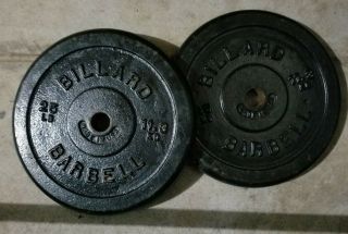 2 Vintage Billard Barbell 25 Lb Cast Iron Weight Plates Total 50 Pounds 1 " Holes