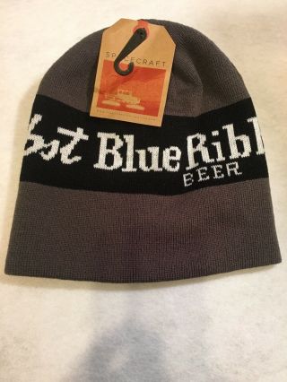 Pabst “pbr” Blue Ribbon Beer Knit Cap,  Beanie Hat By Spacecraft,  Gray/navy Blue