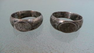 Antique 2 Napkin Rings Sterling Silver With Decorative Line Designs