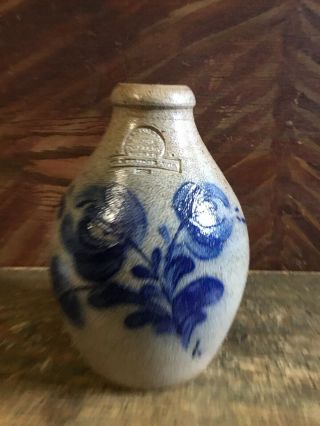 Vintage Rowe Pottery 1983 Salt Glaze Stoneware Jug Cobalt Blue Flowers
