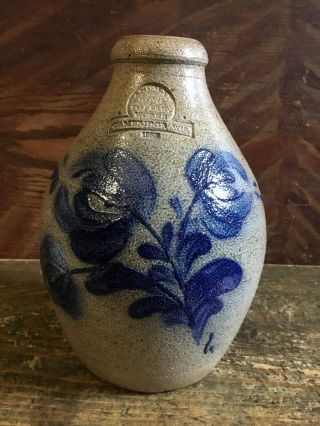 VINTAGE Rowe Pottery 1983 Salt glaze Stoneware Jug Cobalt Blue Flowers 2