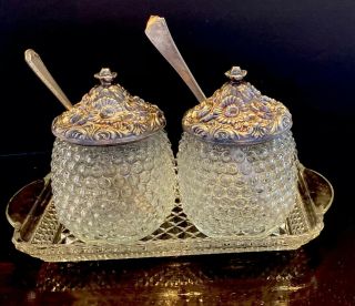 Vntg Hobnail Glass Jelly Jam Jar With Silver Plated Lids And Slot For Spoon