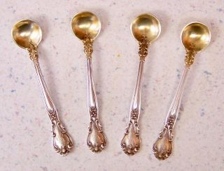4 Gorham Chantilly Individual Sterling Silver Salt Spoons - Mono - Gold Wash