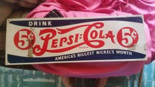 Vintage Porcelain Pepsi Cola 5c 30”x10” Enamel Sign.