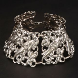 Vtg Sterling Silver - Art Nouveau Flower Repousse Panel Link 7 " Bracelet - 27g