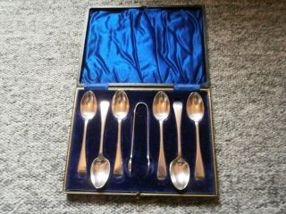 Lovely Vintage Boxed Set Of 6 X Silver Teaspoons & Sugar Tongs Rodgers/beardshaw