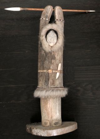 Signed Inuit Eskimo Hunter Figurine With Spear Scrimshaw Folk Art 15.  5” Tall