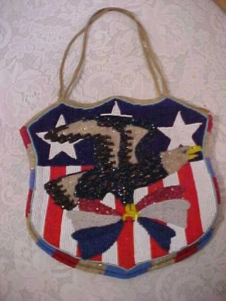 Vintage Native American Beaded Bag Purse 2 Sided Pictorial Eagle Floral