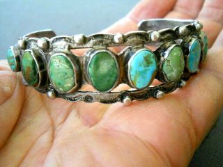Old Native American Turquoise Row Sterling Silver Stamped Repousse Bracelet