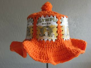 Vintage Orange 70s Olympia Beer Can Hat Crochet Knit Retro Handmade Hipster