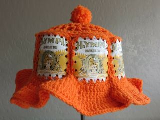Vintage Orange 70s OLYMPIA Beer Can Hat Crochet Knit Retro Handmade Hipster 2