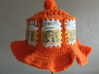 Vintage Orange 70s OLYMPIA Beer Can Hat Crochet Knit Retro Handmade Hipster 3