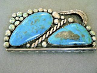 Old Pawn Native American Indian Turquoise Sterling Silver Belt Buckle Signed