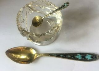 Vintage Russian Solid Silver Spoons 875 Salt Tea Enamel Gilded Cut Glass Dish