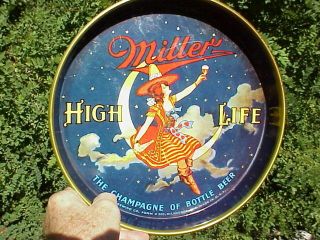 1940s Miller High Life 1⅜ " H X 12 " Dia.  Girl On Crescent Moon Beer Tray Form 303