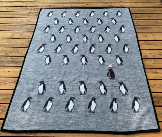 Vintage Biederlack Penguins Throw Blanket Grey Reversible Usa 55x70 "