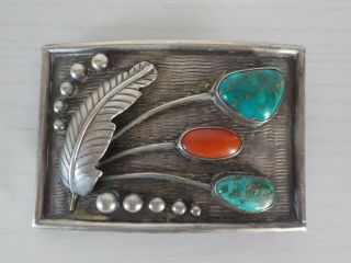 Vintage Old Pawn Navajo Sterling Silver With Turquoise And Coral Belt Buckle