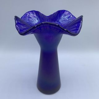 Vintage Cobalt Blue Stretch Glass Iridescent Ruffled Vase Signed Schneider
