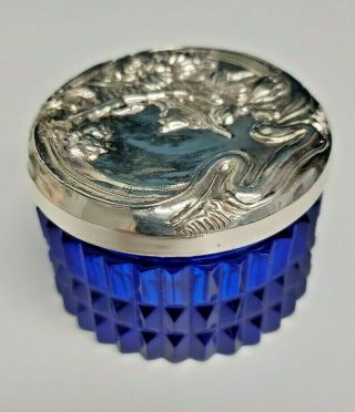 Antique Cobalt Bristol Blue Glass Sterling Silver Powder Vanity Trinket Jar Box