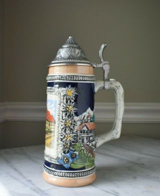 Gerz German Beer Stein Vintage 9 " Pewter Lidded Drinking Mug Germany