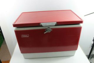 Vintage Coleman Red/white Metal Cooler Ice Chest W/metal Handles Camping