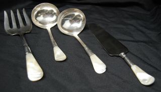 4 Antique Victorian Edwardian Serving Set Mother Of Pearl Sterling Silver Dining