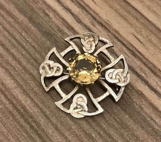 Vintage C1950’s Scottish Silver Celtic Brooch Pin With 6ct Citrine