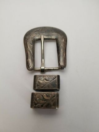 Vintage Early Vogt Mexico Sterling Silver 3 Piece Set Engraved Belt Buckle