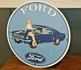 Vintage Style Ford Porcelain Gas Oil Auto Mustang Pin Up Girl Service Pump Sign