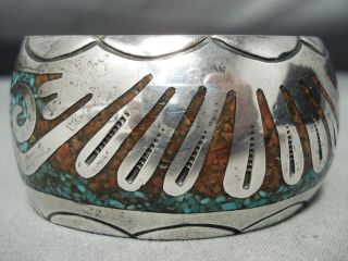 RARE EARLY GUILD VINTAGE NAVAJO TURQUOISE CORAL STERLING SILVER BRACELET 3