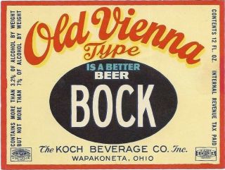 Old Vienna Bock Beer Label,  Irtp,  Koch Beverage Co. ,  Wapakoneta,  Oh