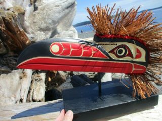 Pacific Northwest First Nations Native Cedar Art Carved Raven Mask On Stand