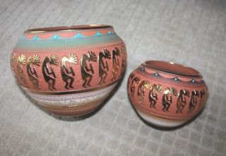2 Rare Navajo Etched & Painted 14k Gold Kokipelli Pottery - Lori Smith