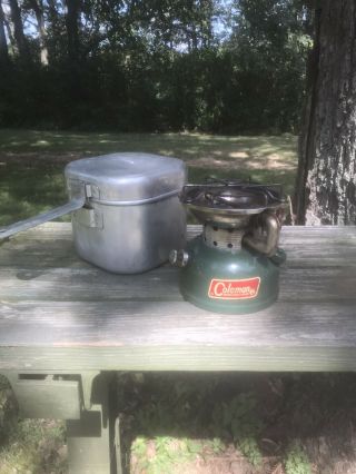 Vintage 1966 Coleman 502 Camp Stove With Aluminum Case / Pot / Pan & Handle