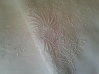 Vintage Madeira Hand Embroidered White Banquet Tablecloth.  168 " Long.