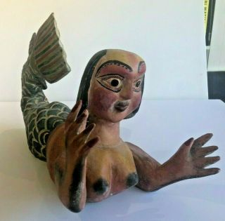 Fabulous Vintage Hand Carved Wooden Mermaid - Folk Art,  Hand Painted