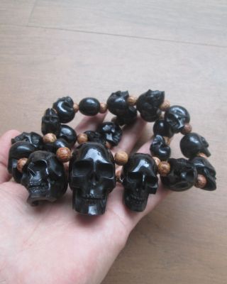 Skull Necklace In Buffalo Horn W Silver Claps & Coconut Bead - - Great - - 01281117