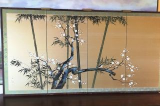 Vintage Japanese Byobu Silk Screen 4 Panels.  70”x36”