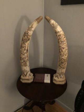 30” Antique Chinese Bovine Bone Carved 3 Level Dragons